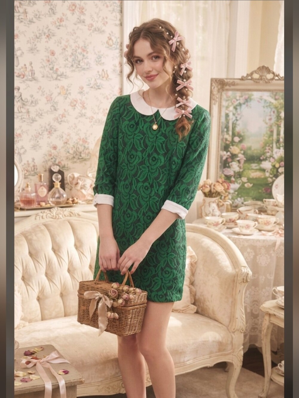 Angeleye London Green Rose Lace Peter Pan Collar Shift Dress Size US 4 / UK 8 M